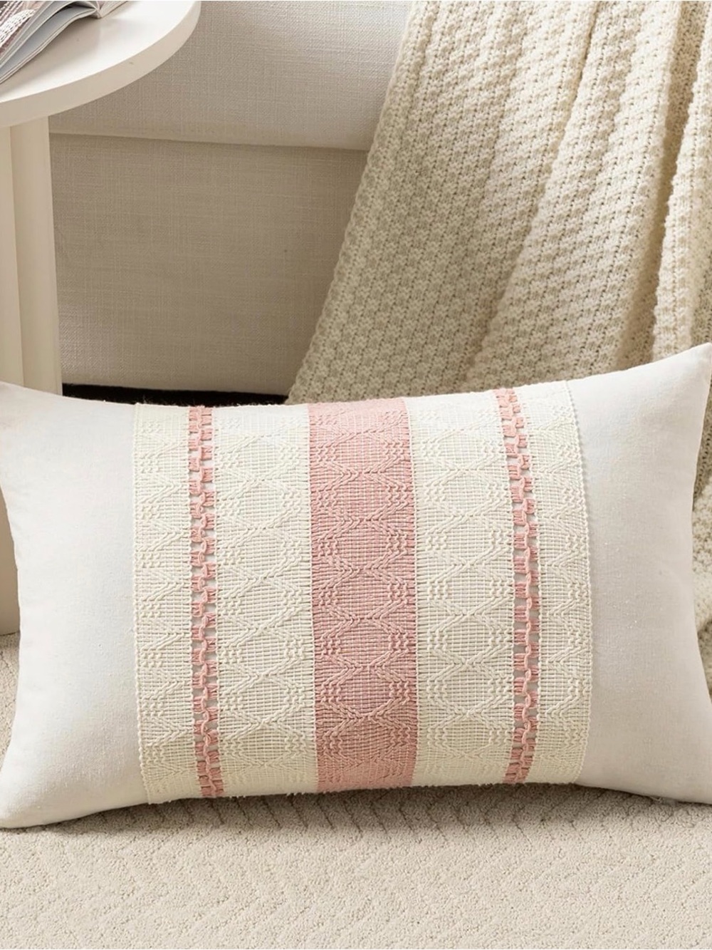 Cream and Blush Pink Textured Decorative Lumbar Pillow 12x18 (set of 2)